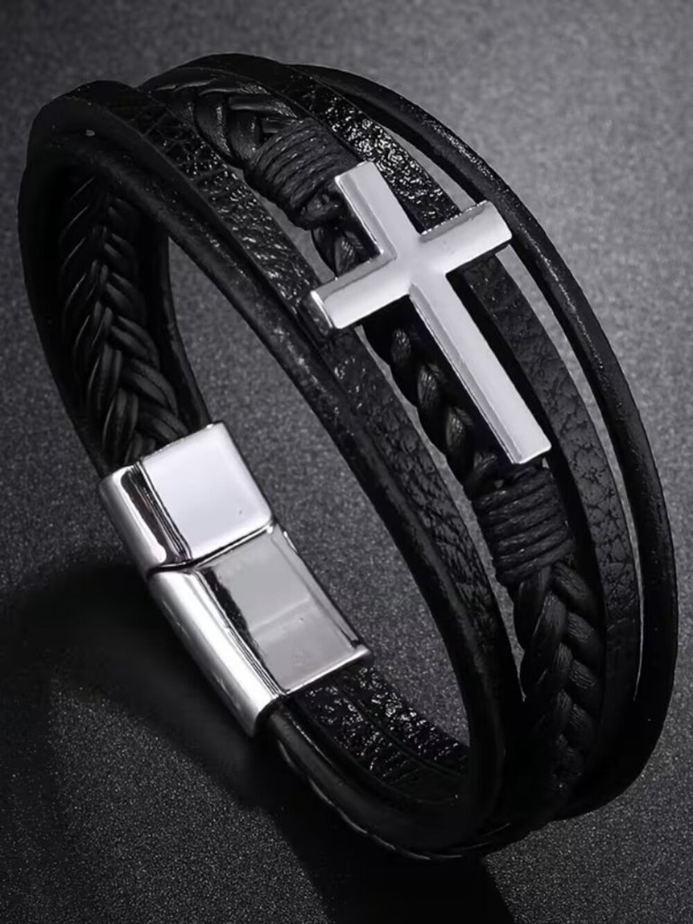Men's Silver Cross w/ Black Bracelet Christian Faith Religious Jesus Wristband